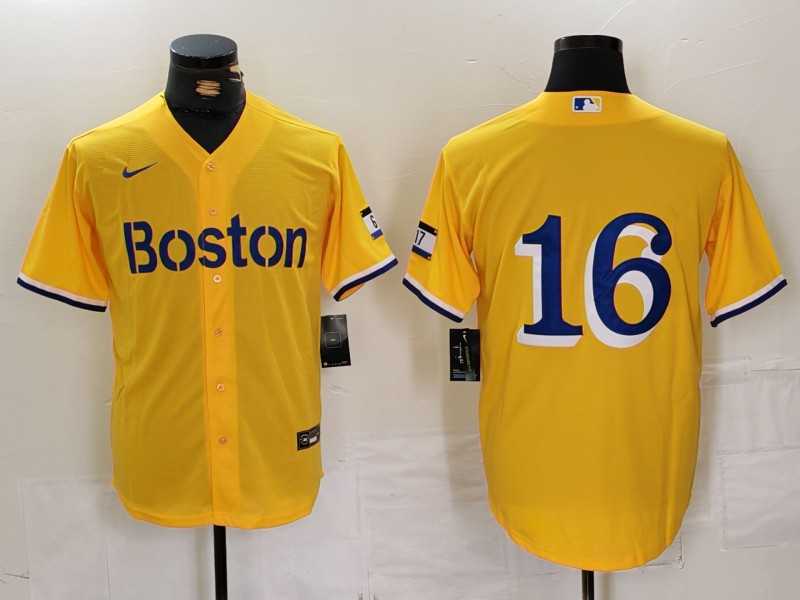Men%27s Boston Red Sox #16 Jarren Duran Gold City Connect Stitched Baseball Jersey